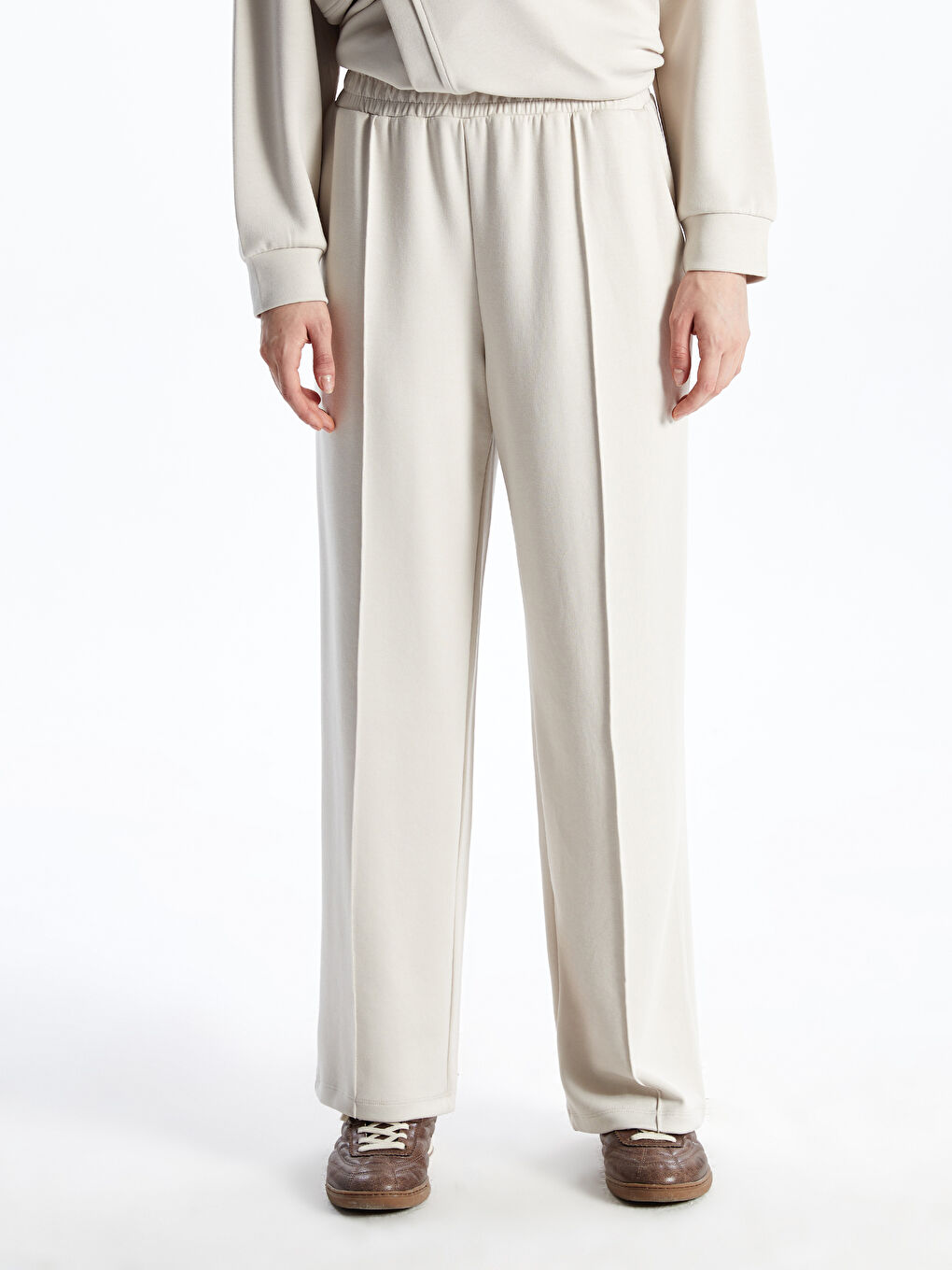 Bej Beli Lastikli Geniş Paça Kadın Eşofman Altı-1