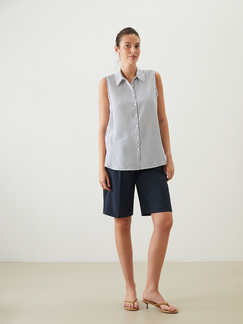 İndigo Çizgili Kadın Gömlek-1