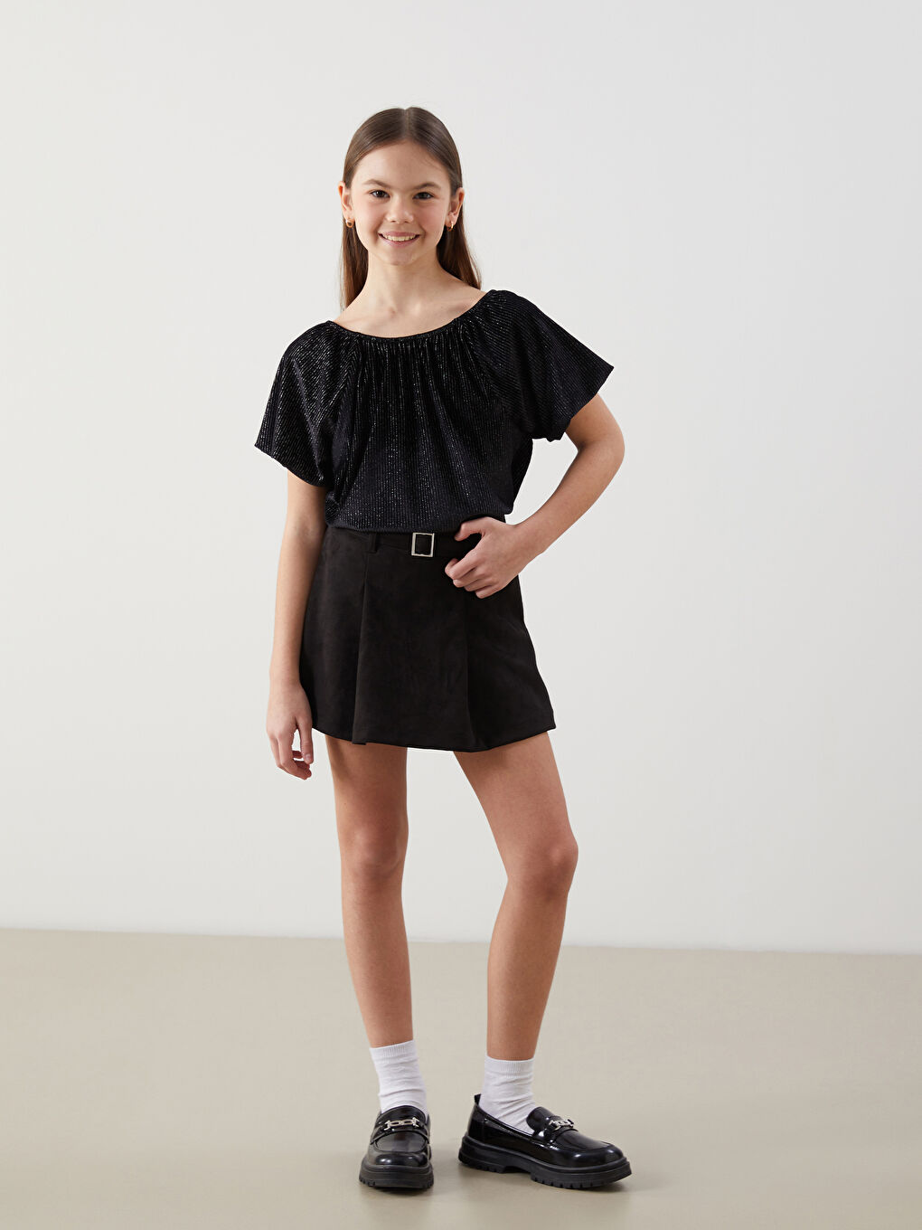 Siyah Beli Lastikli Kız Çocuk Şort Etek-1