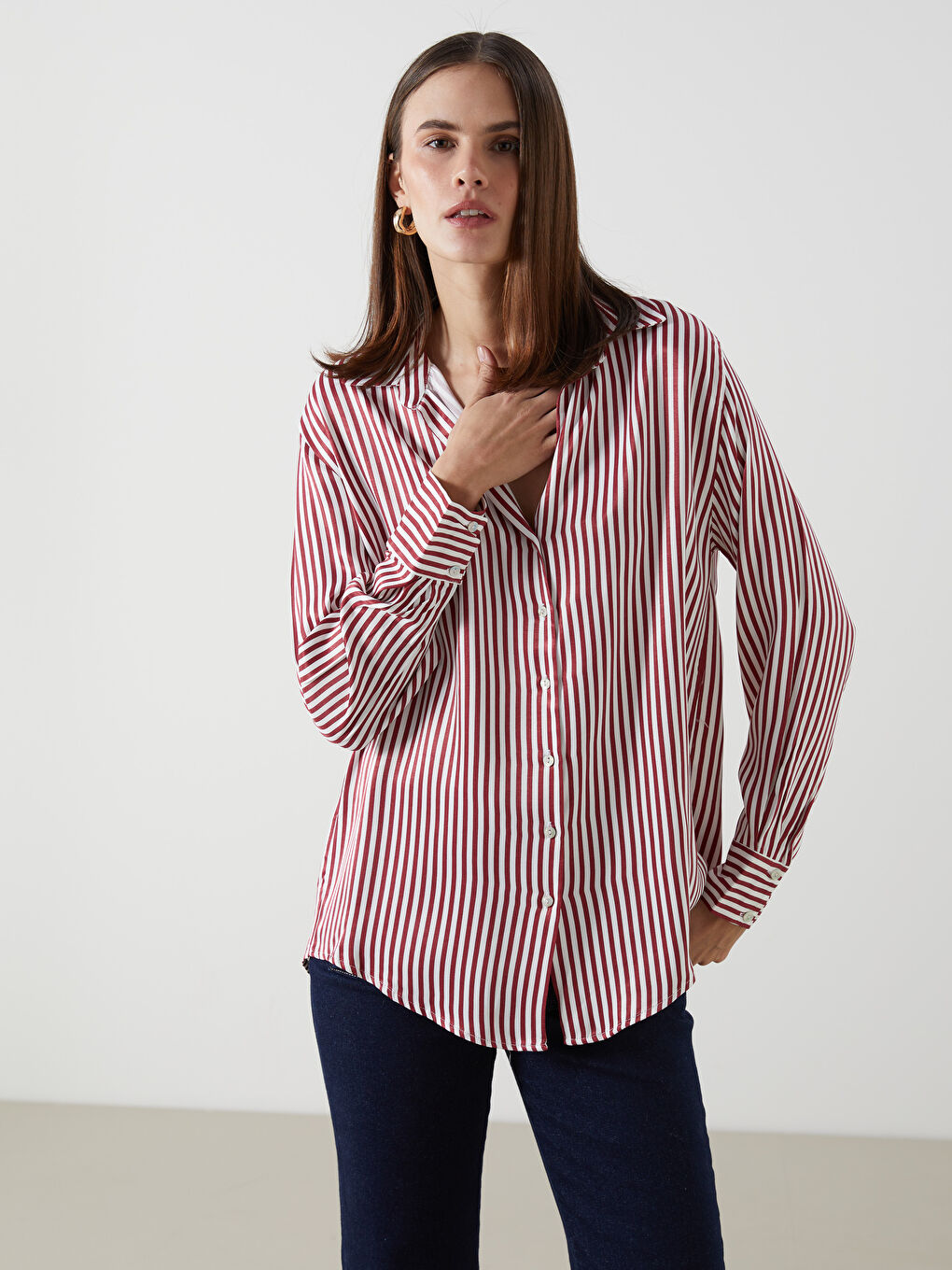 Kırmızı Çizgili Oversize Kadın Gömlek