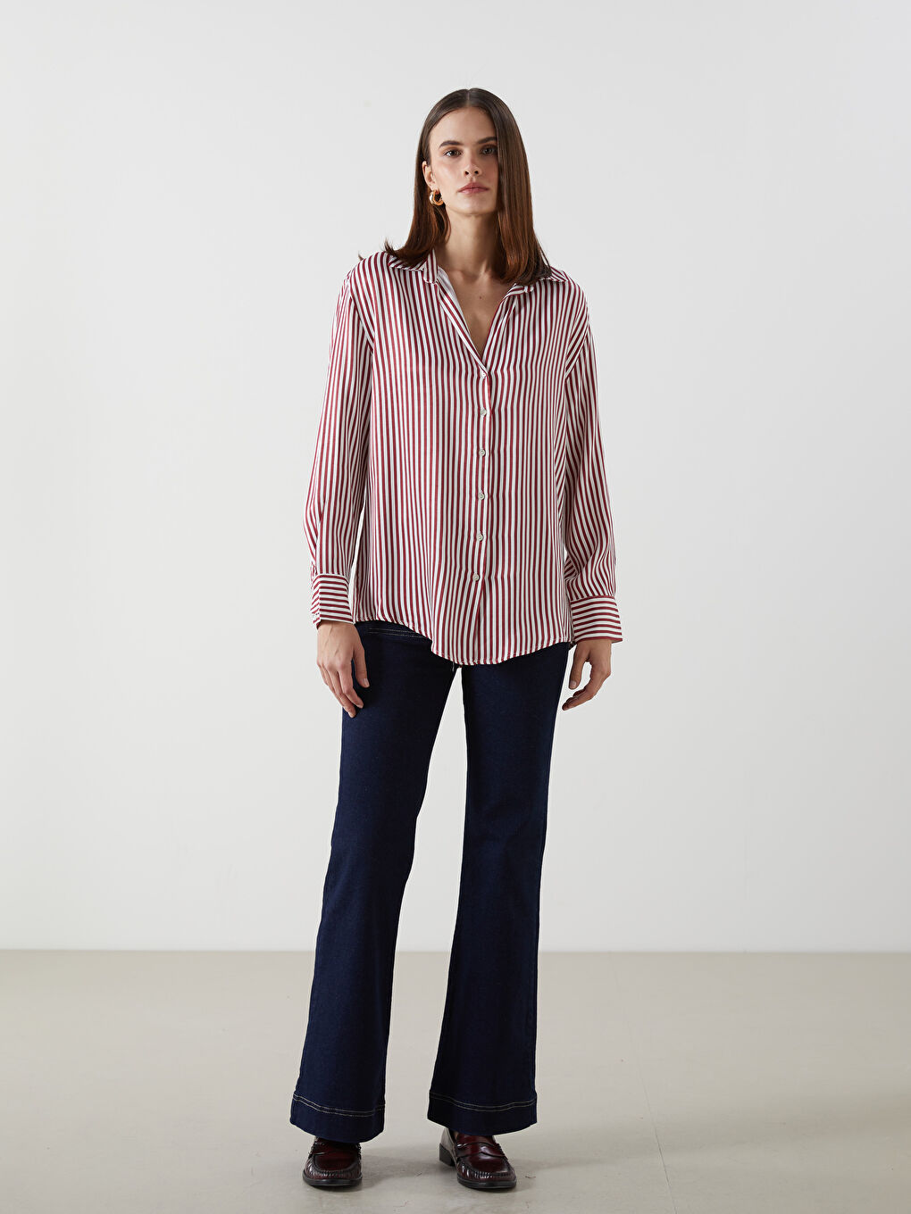 Kırmızı Çizgili Oversize Kadın Gömlek-1
