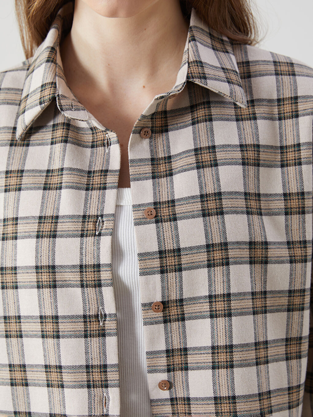 Bej Ekose Crop Kadın Gömlek-2