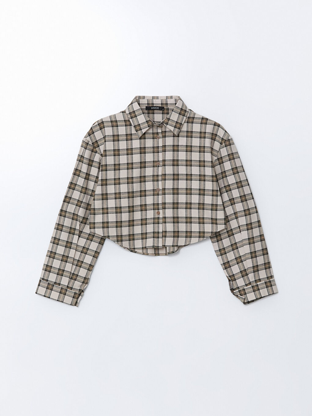 Bej Ekose Crop Kadın Gömlek-4