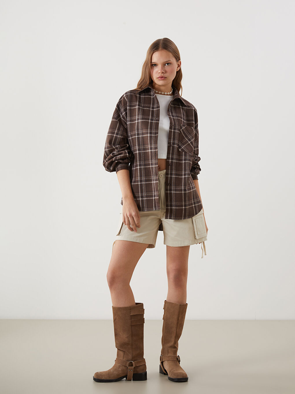 Kahverengi Ekose Poplin Kadın Gömlek-1