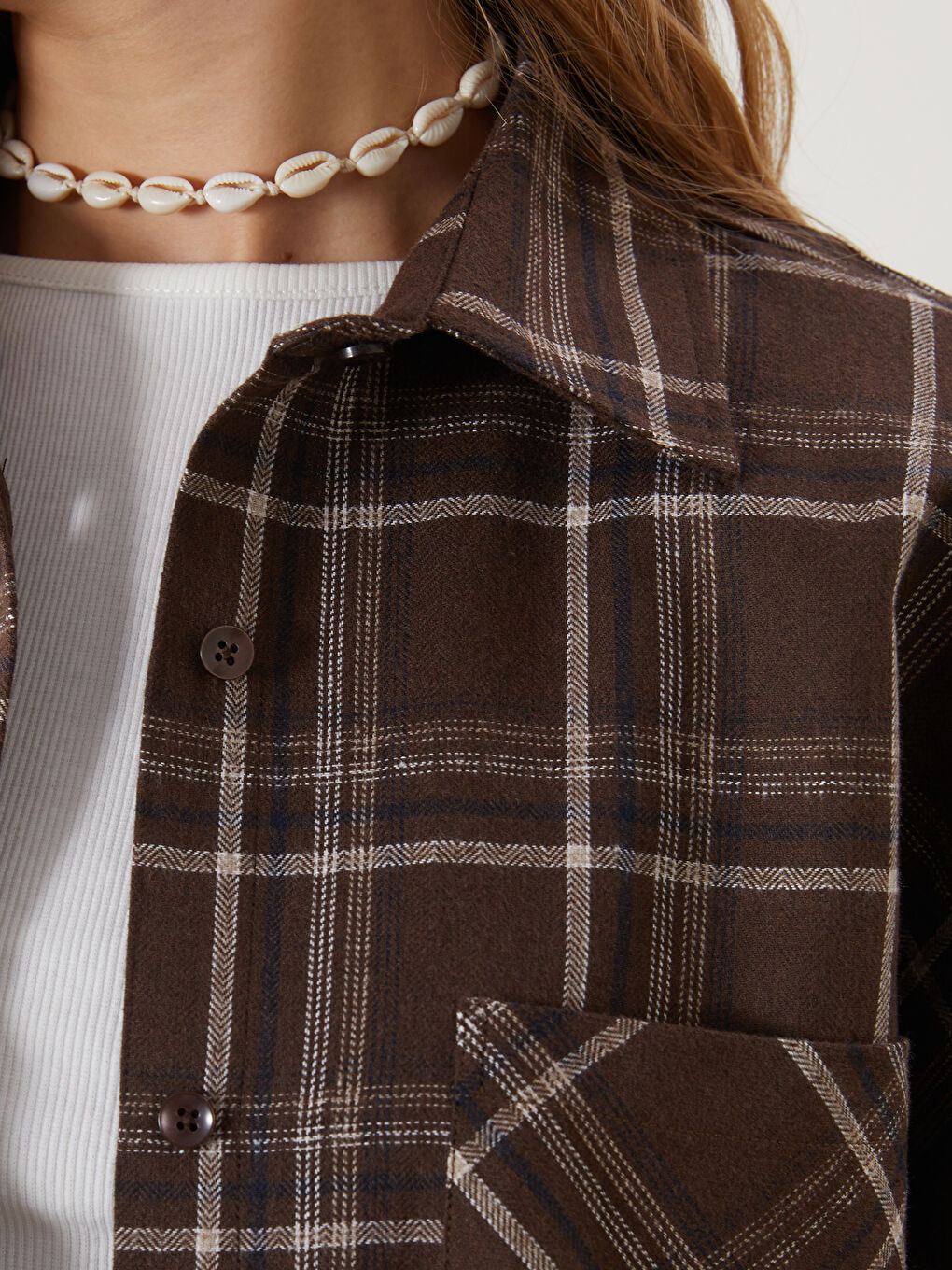 Kahverengi Ekose Poplin Kadın Gömlek-2