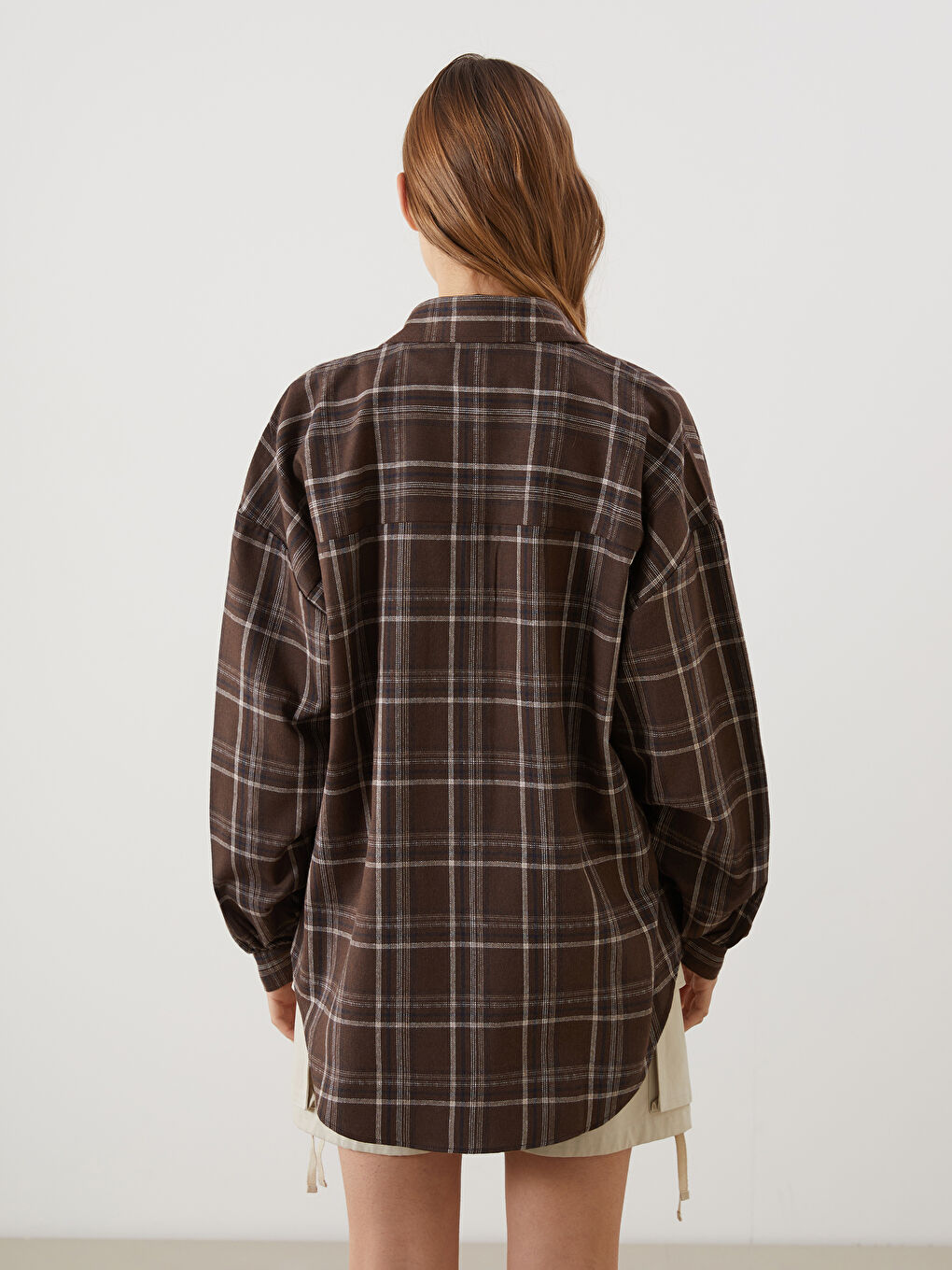 Kahverengi Ekose Poplin Kadın Gömlek-3