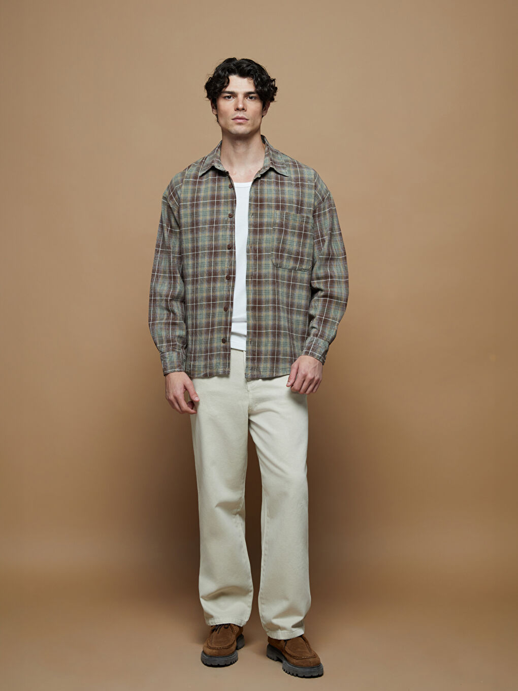 Relaxed Fit Long Sleeve Plaid Twill Men's Shirt-1