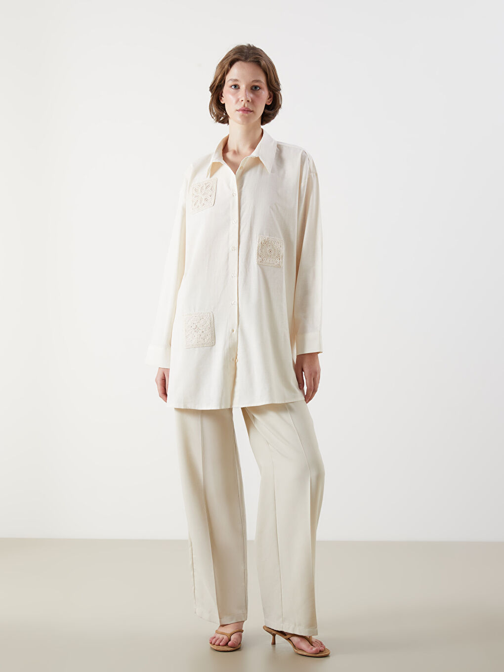 Ekru Nakışlı Oversize Kadın Gömlek Tunik-1