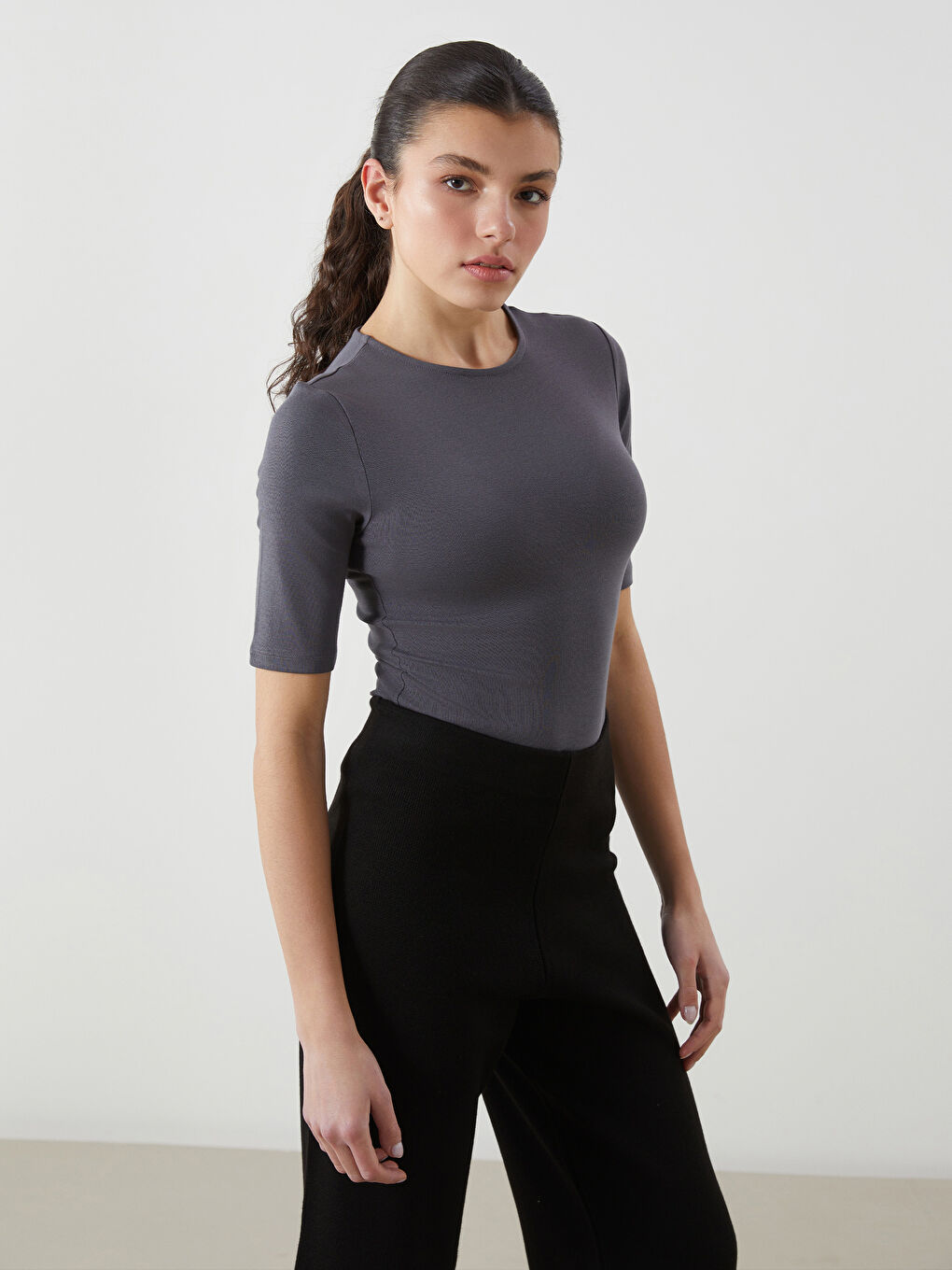 LCW Vision Gri Bisiklet Yaka Kadın Bodysuit