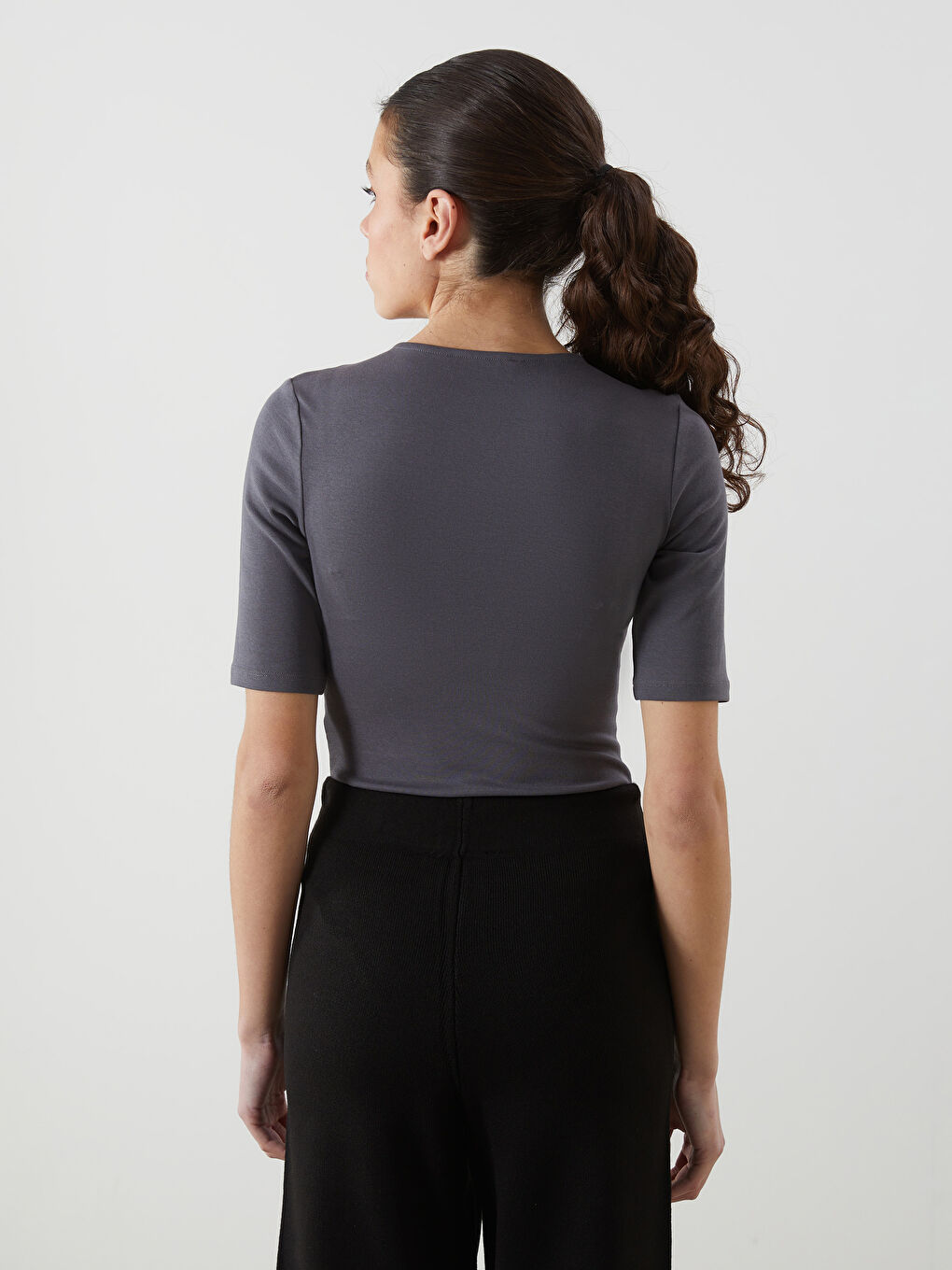 LCW Vision Gri Bisiklet Yaka Kadın Bodysuit - 3