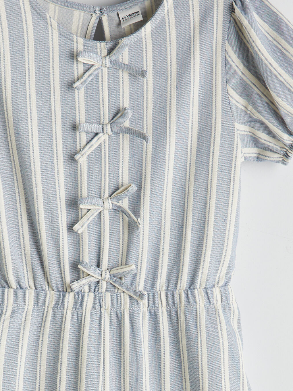 Mavi Çizgili Fiyonk Detaylı Kız Çocuk Tulum-4