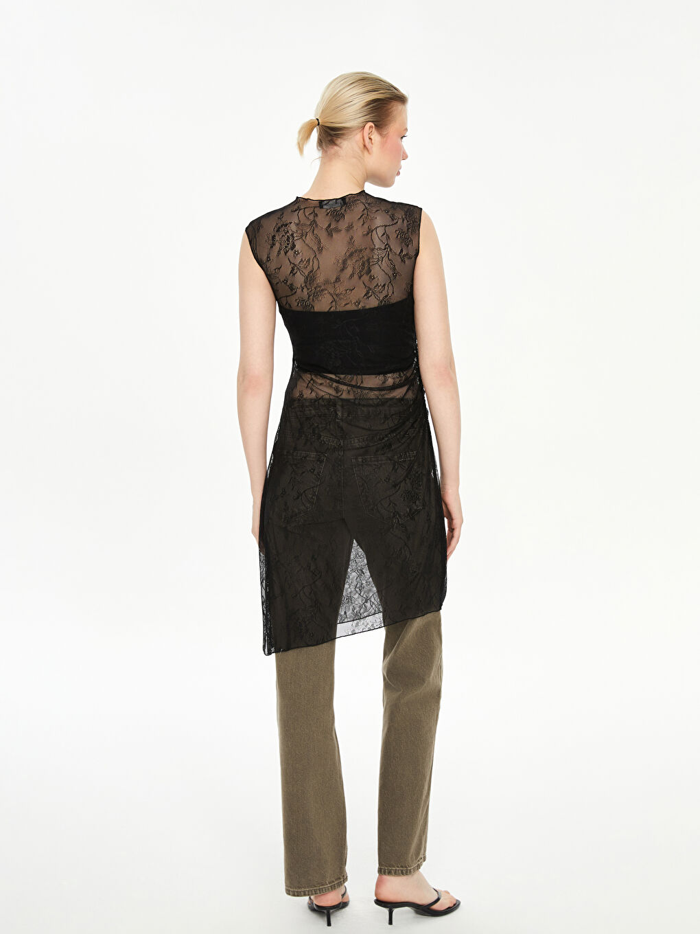 Siyah Asimetrik Kesim Dantel Kadın Tunik-3