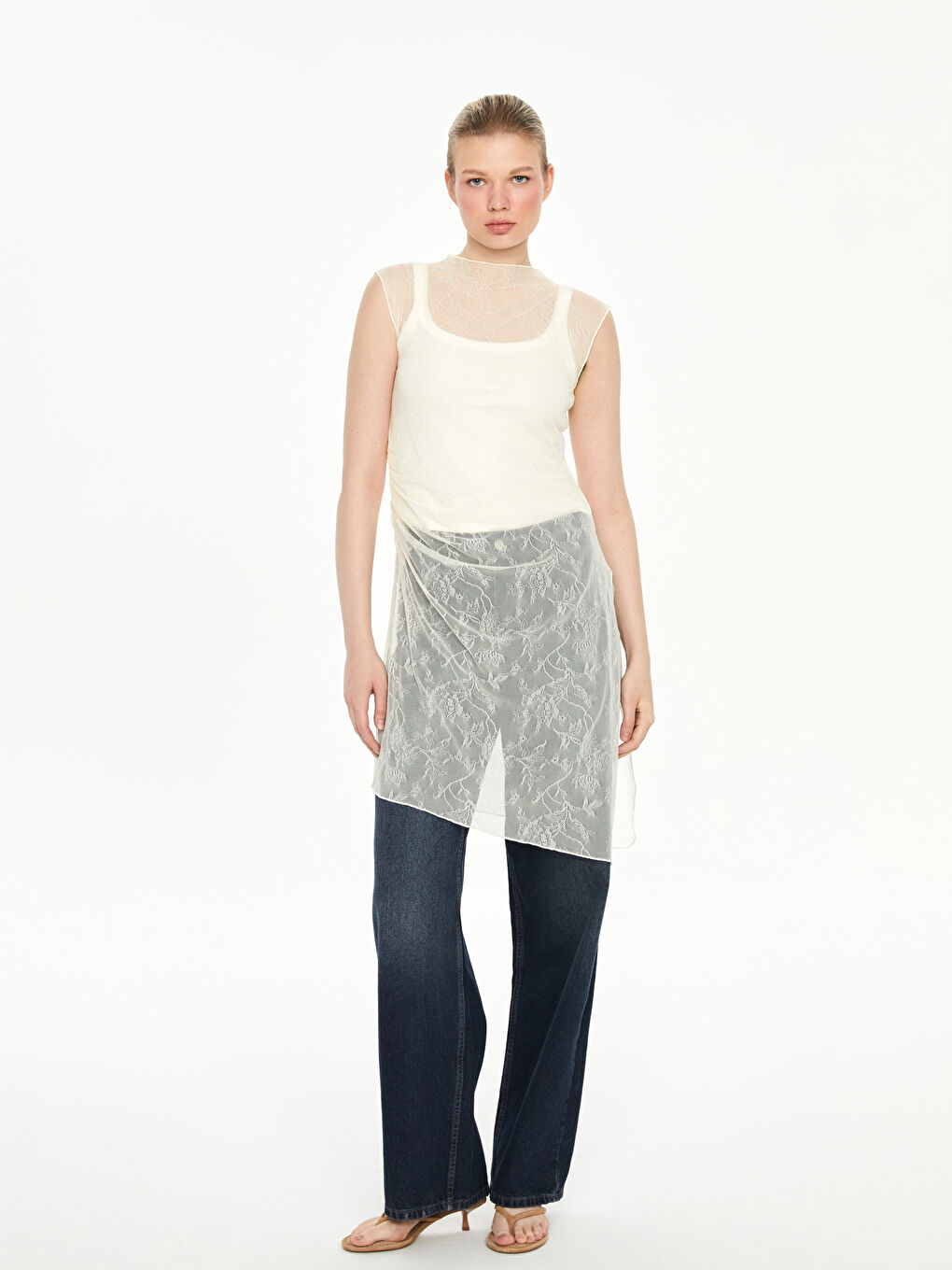 Ekru Asimetrik Kesim Dantel Kadın Tunik-1