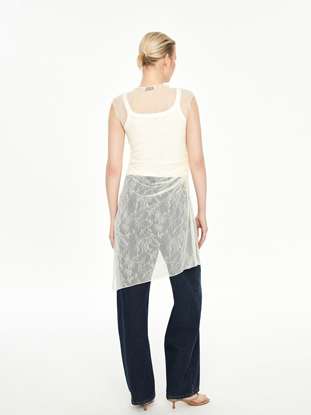 Ekru Asimetrik Kesim Dantel Kadın Tunik-3