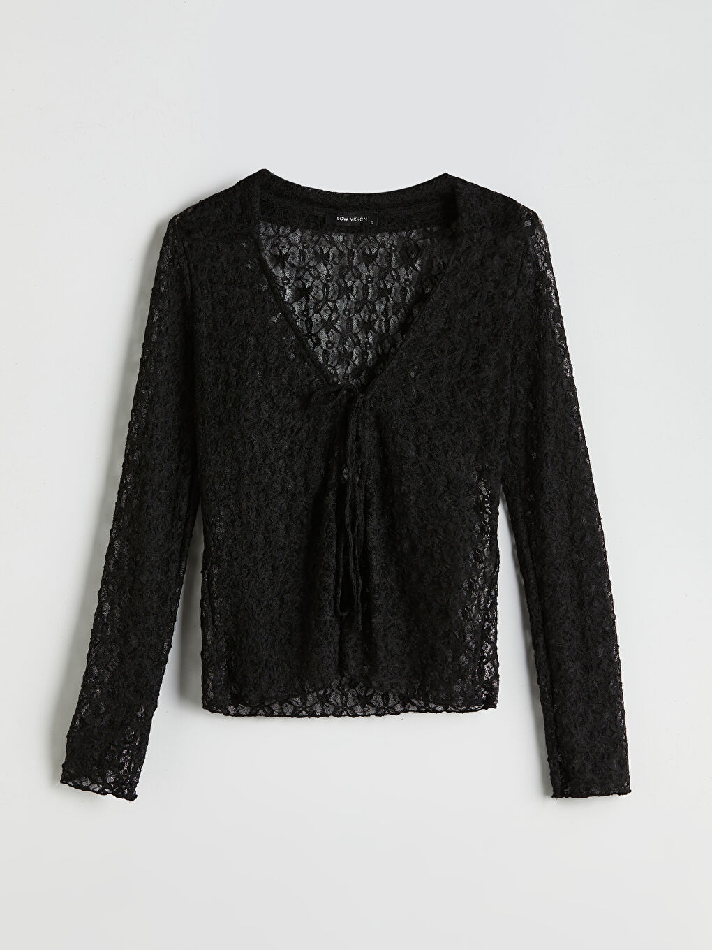 Siyah Polo Yaka Dantelli Kadın Hırka-4