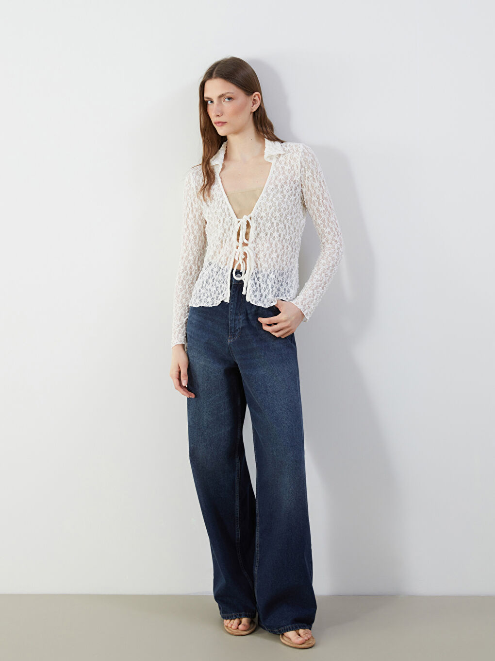 Ekru Polo Yaka Dantelli Kadın Hırka-1