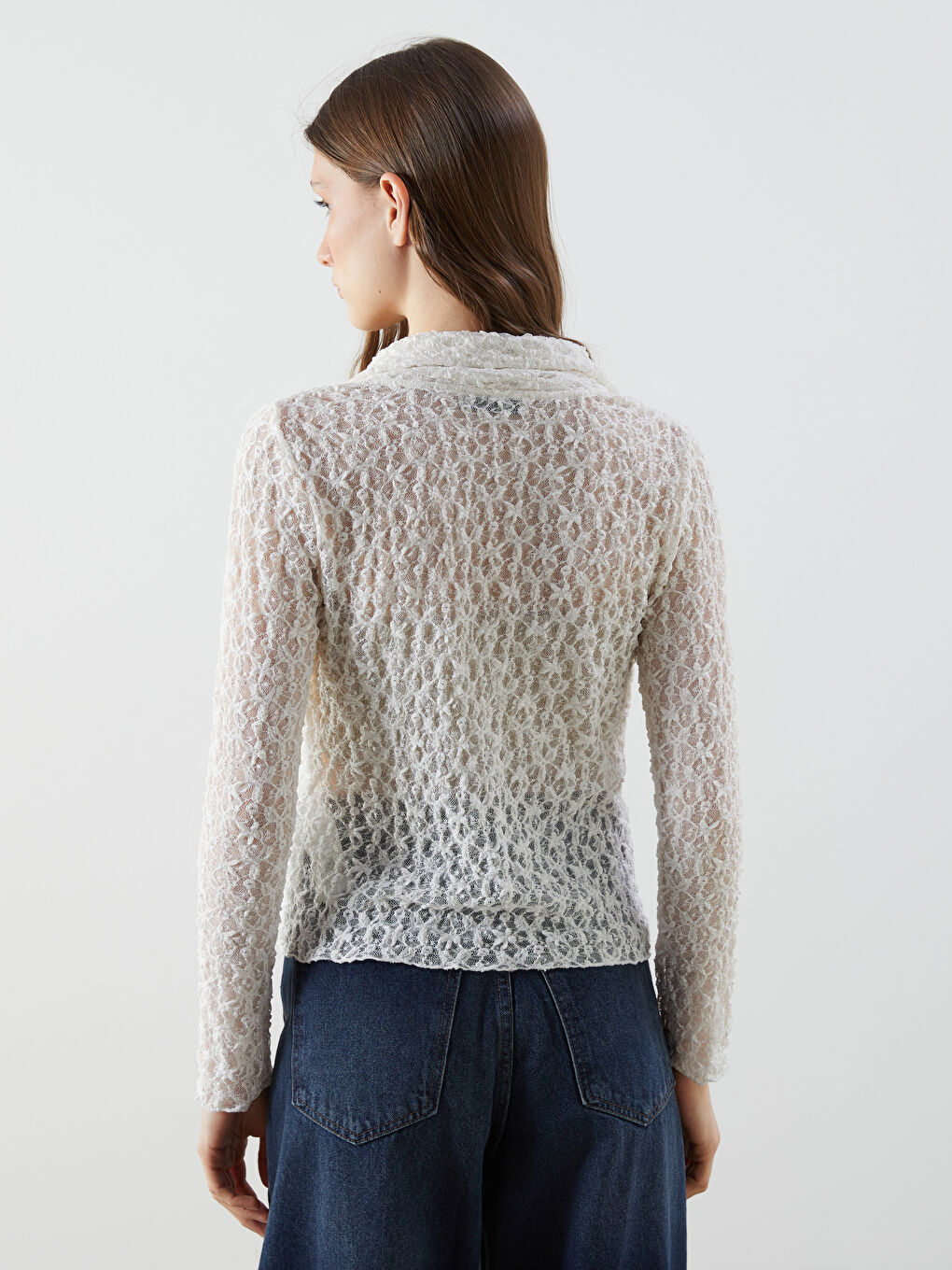 Ekru Polo Yaka Dantelli Kadın Hırka-3