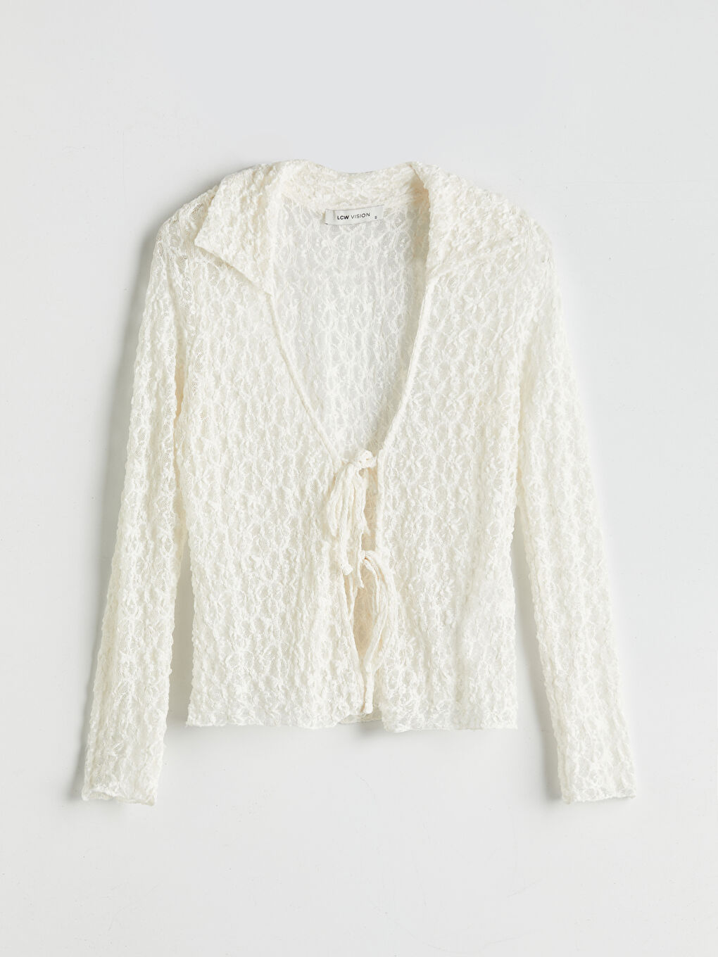 Ekru Polo Yaka Dantelli Kadın Hırka-4