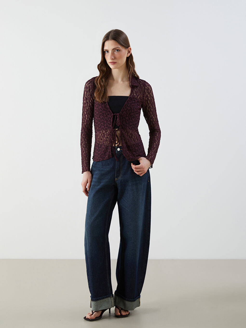 Mürdüm Polo Yaka Dantelli Kadın Hırka-1