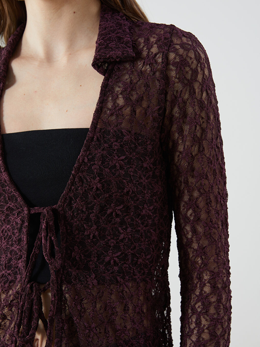 Mürdüm Polo Yaka Dantelli Kadın Hırka-2