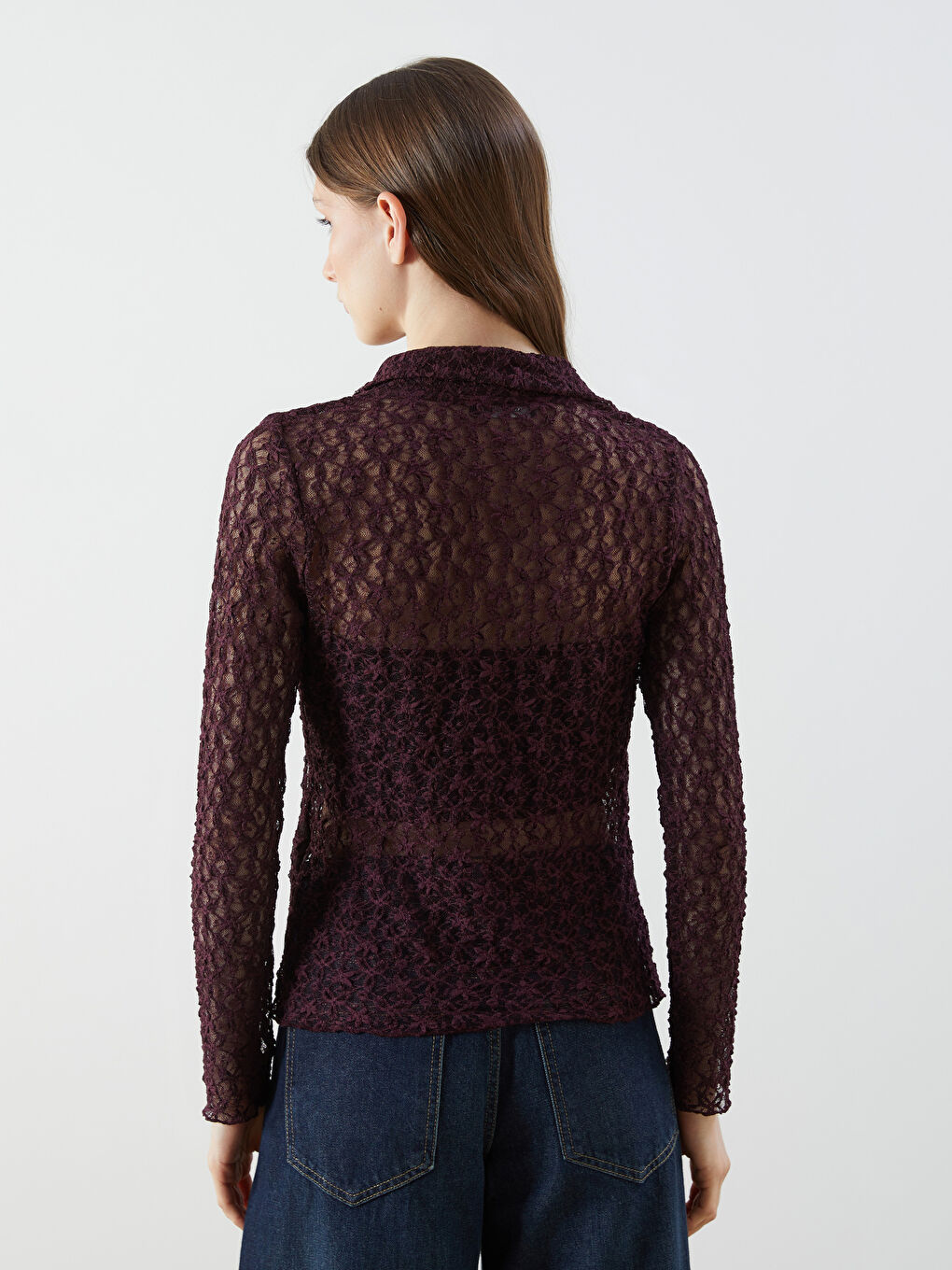 Mürdüm Polo Yaka Dantelli Kadın Hırka-3