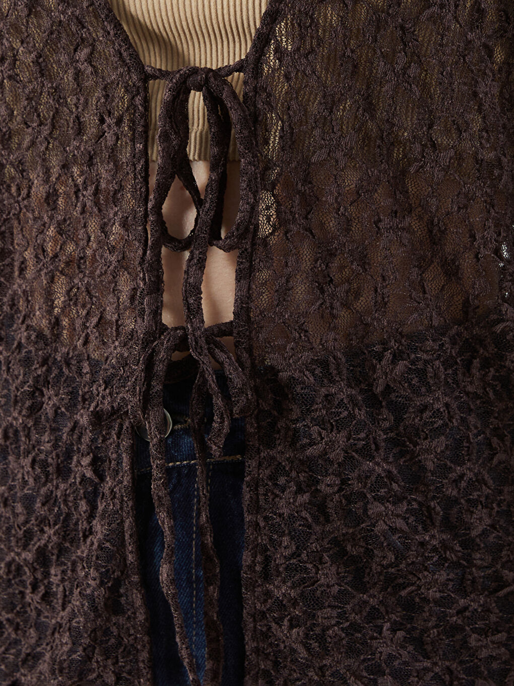 Kahverengi Polo Yaka Dantelli Kadın Hırka-2