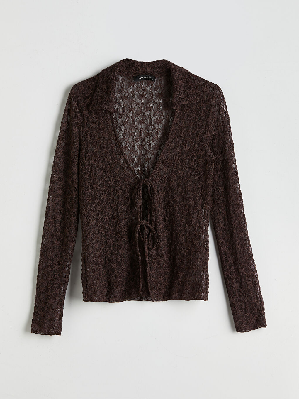 Kahverengi Polo Yaka Dantelli Kadın Hırka-4