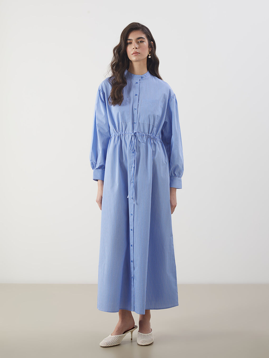 Grandad Collar Striped Poplin Shirt Dress -S5NH09Z8-LEN