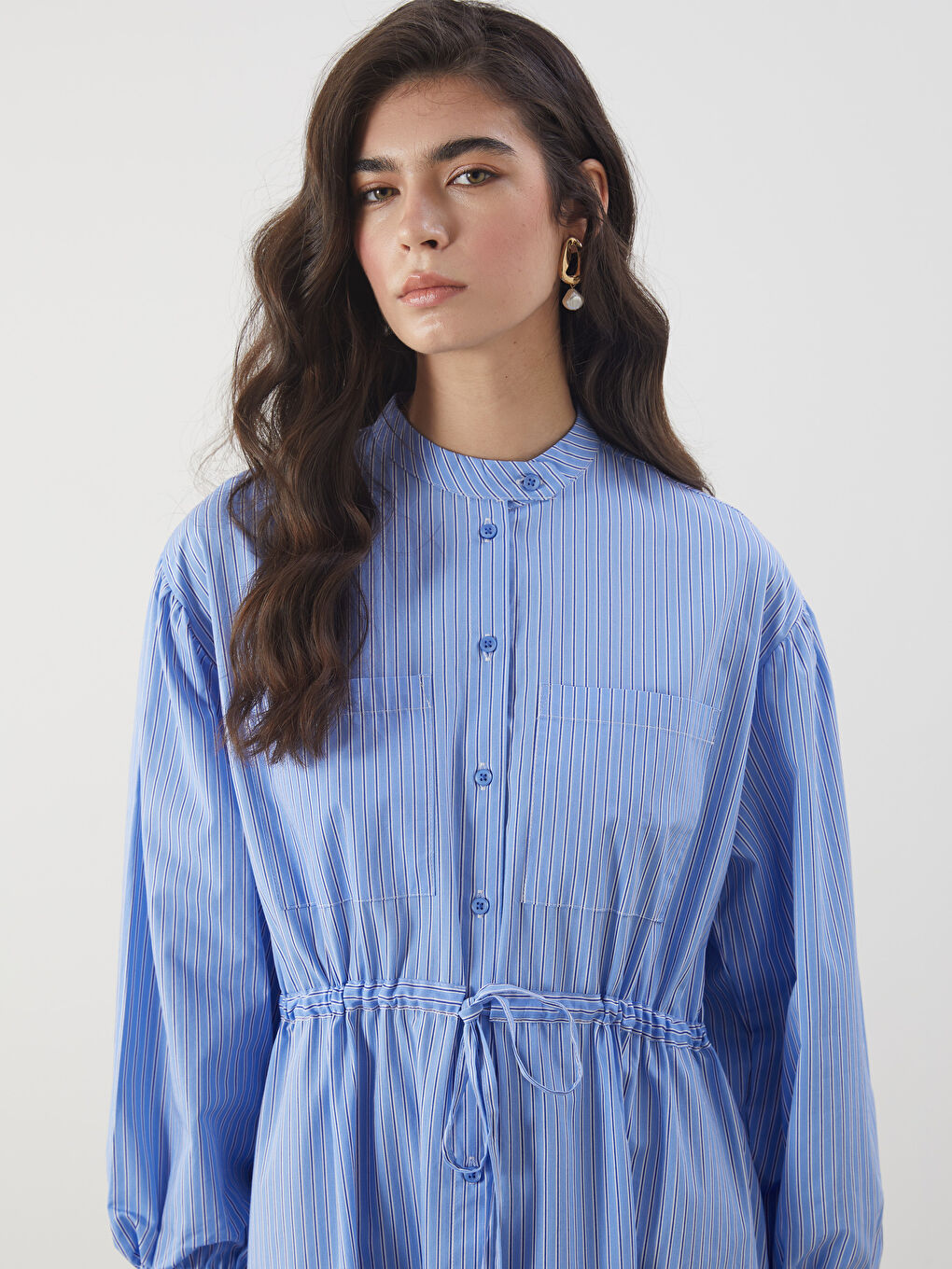 Grandad Collar Striped Poplin Shirt Dress -S5NH09Z8-LEN