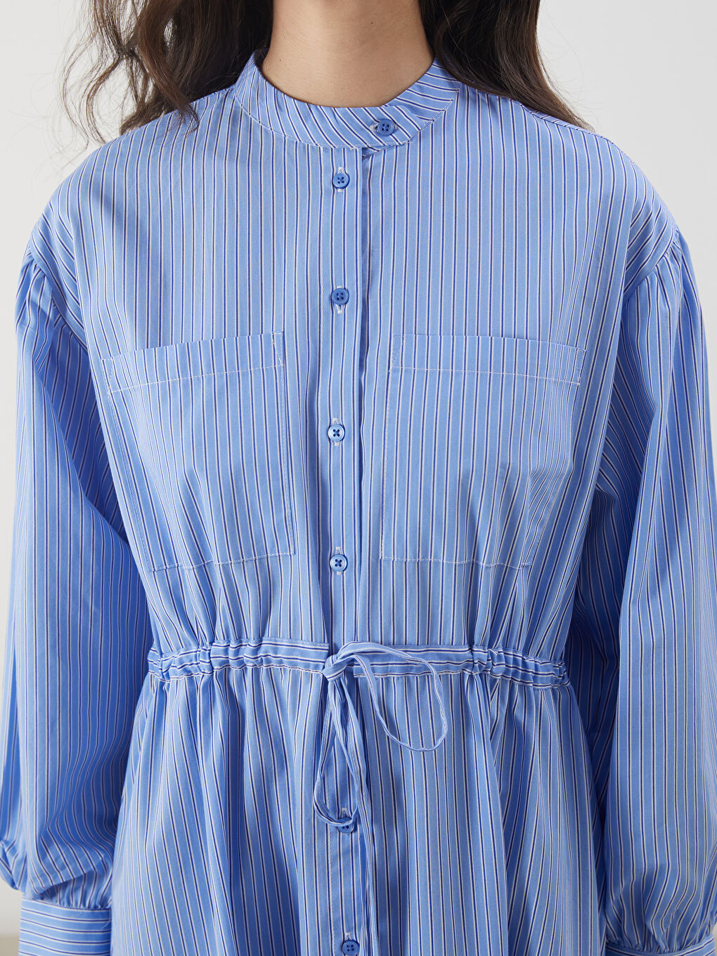 Grandad Collar Striped Poplin Shirt Dress -S5NH09Z8-LEN