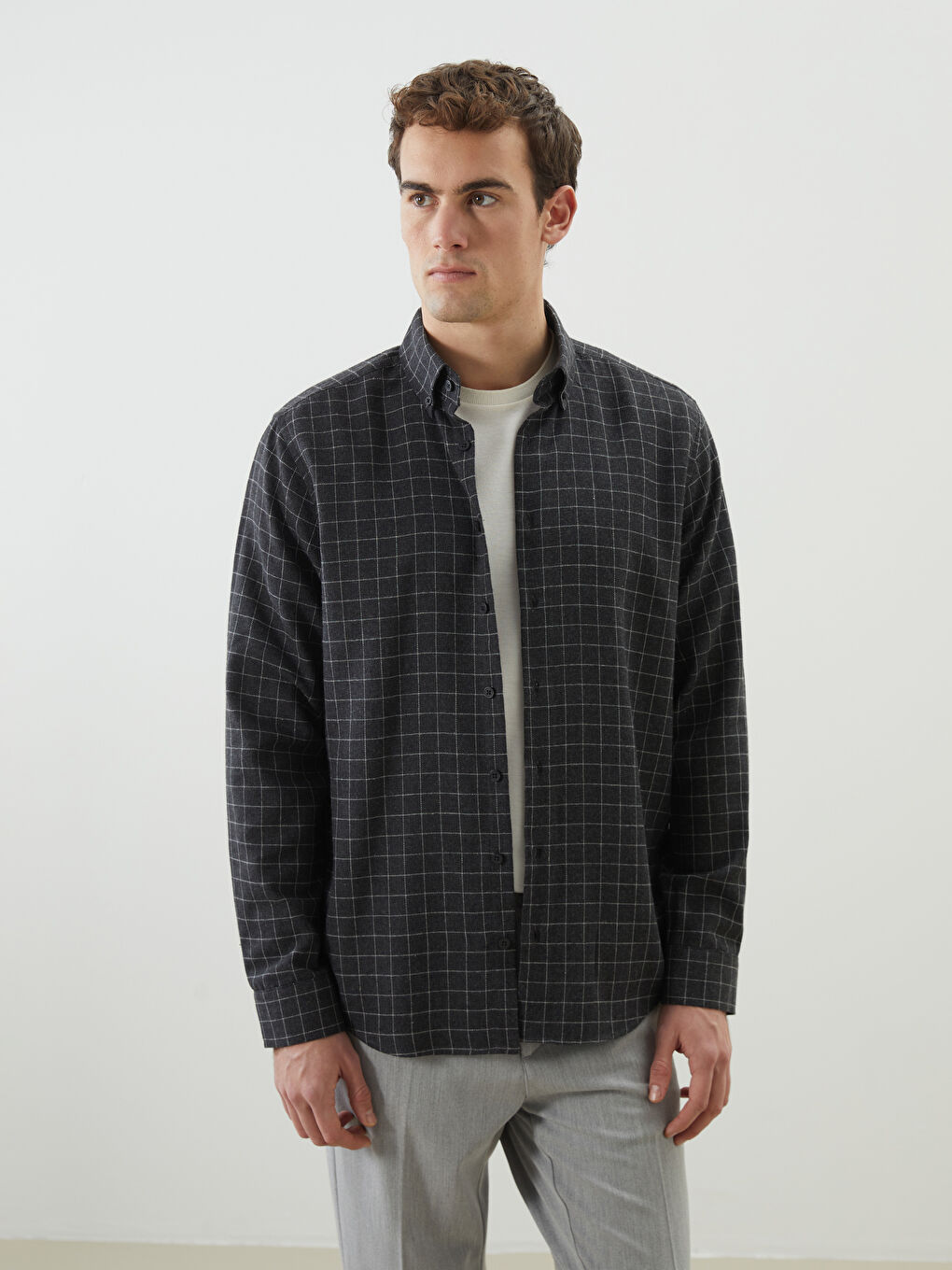 Gri Regular Fit Uzun Kollu Ekose Erkek Oduncu Gömlek