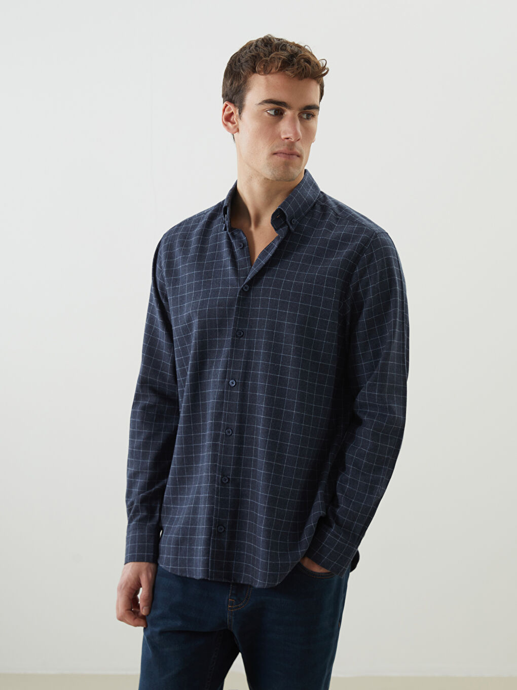 Lacivert Regular Fit Uzun Kollu Ekose Erkek Oduncu Gömlek