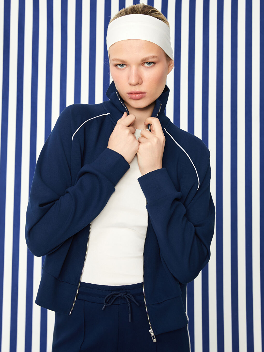 Lacivert Dik Yaka Oversize Kadın Fermuarlı Sweatshirt