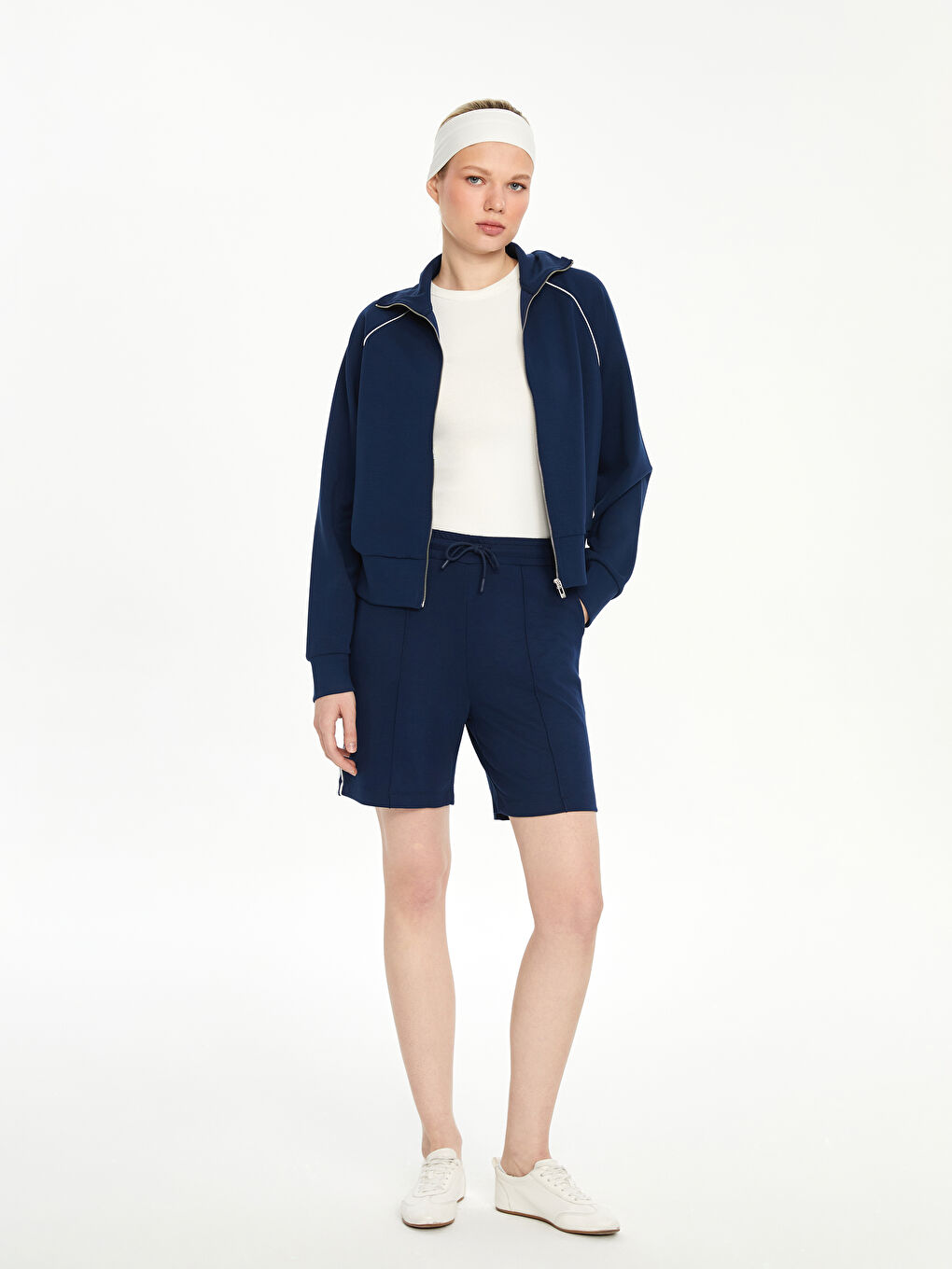 Lacivert Dik Yaka Oversize Kadın Fermuarlı Sweatshirt-1