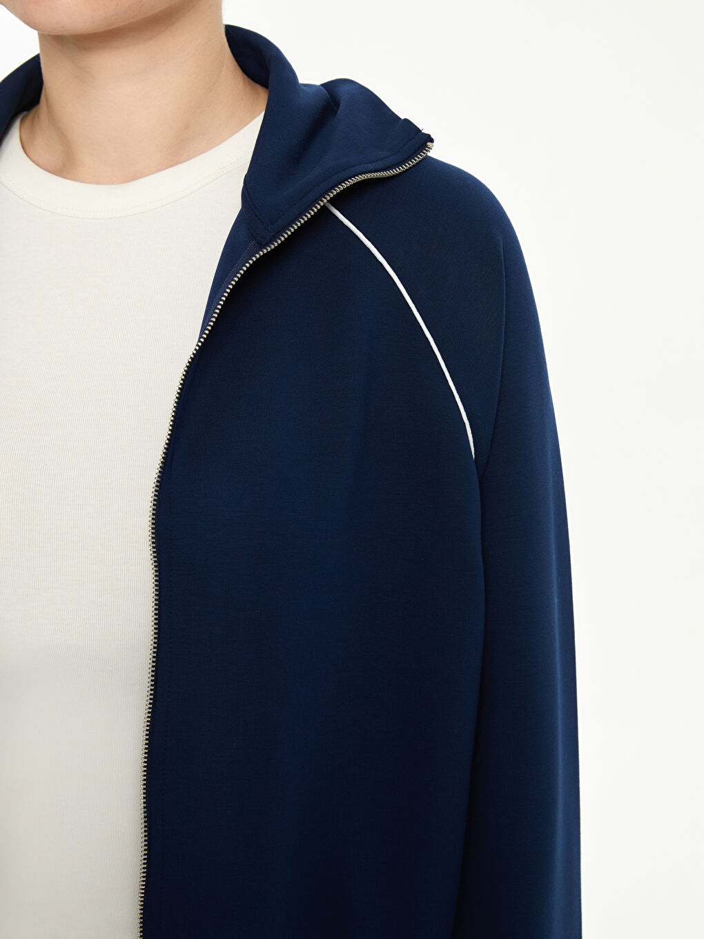 Lacivert Dik Yaka Oversize Kadın Fermuarlı Sweatshirt-2