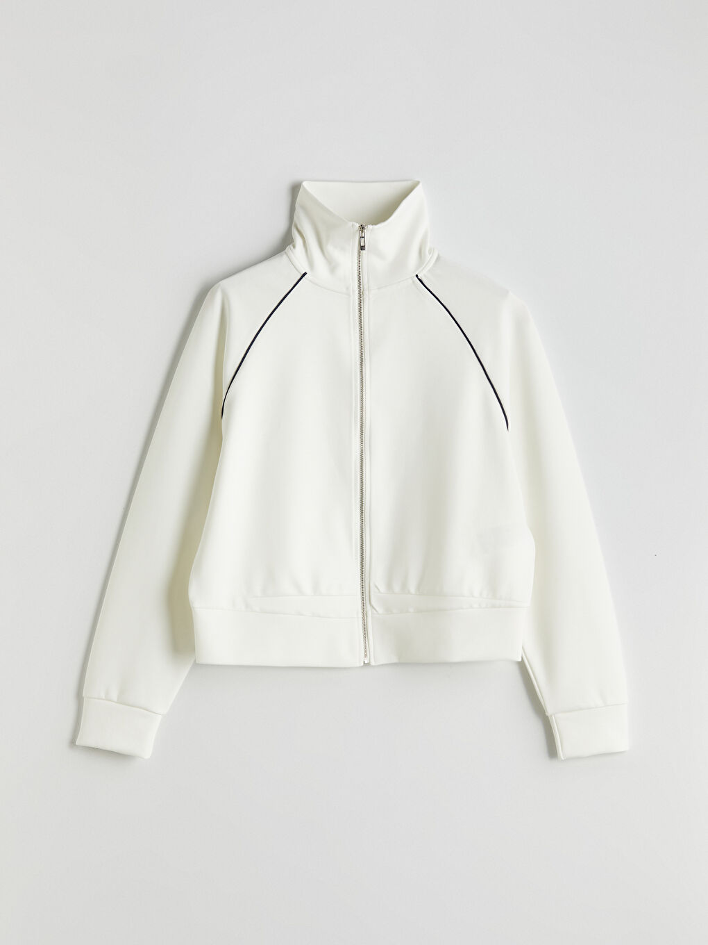 Ekru Dik Yaka Oversize Kadın Fermuarlı Sweatshirt-4