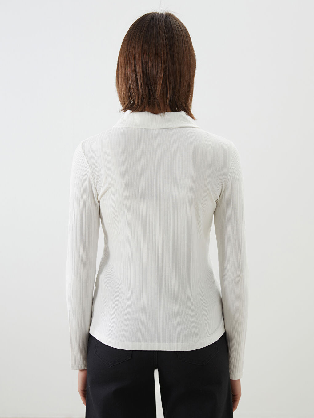 Ekru Polo Yaka Dokulu Kadın Tişört-7