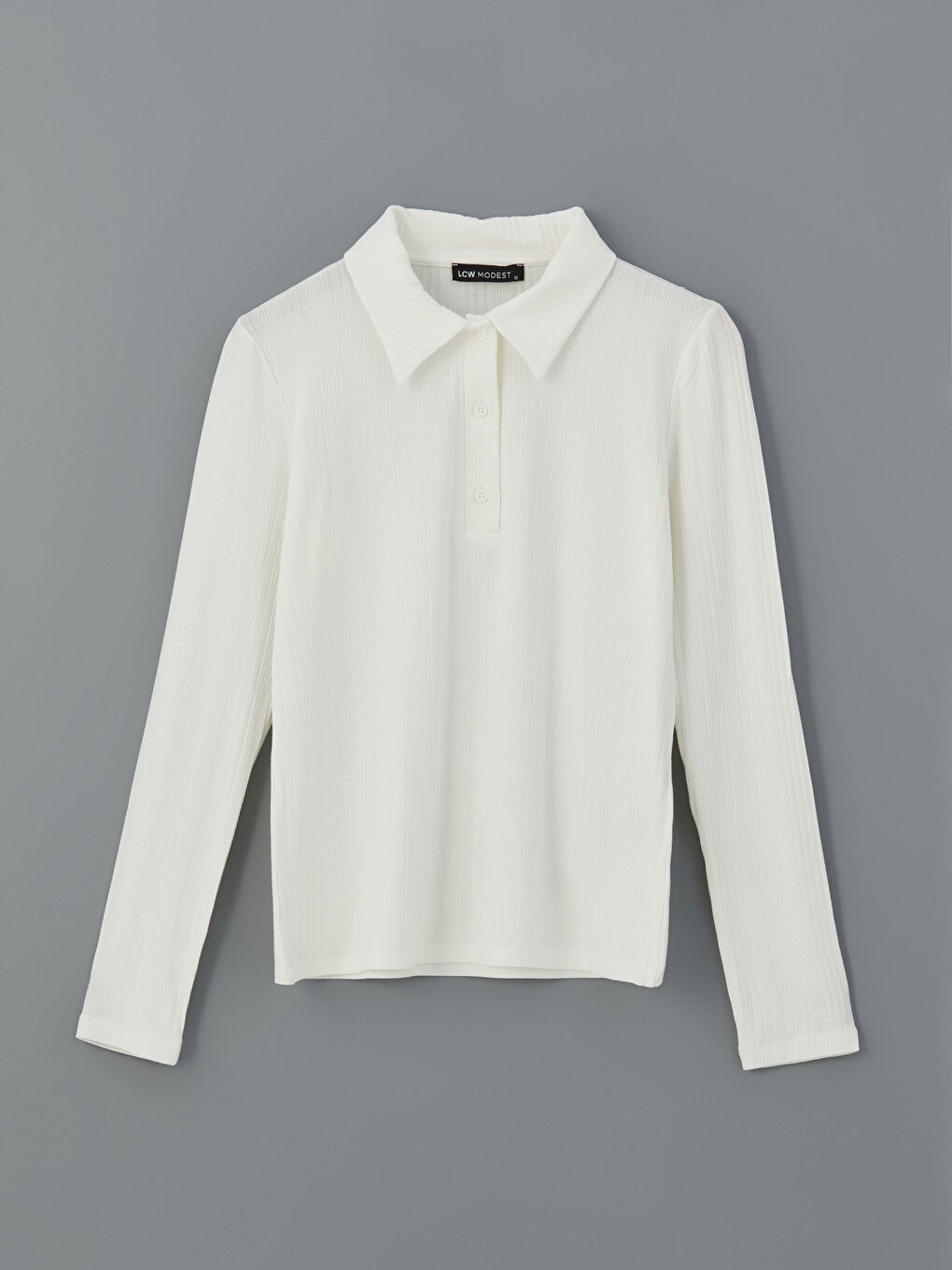 Ekru Polo Yaka Dokulu Kadın Tişört-8