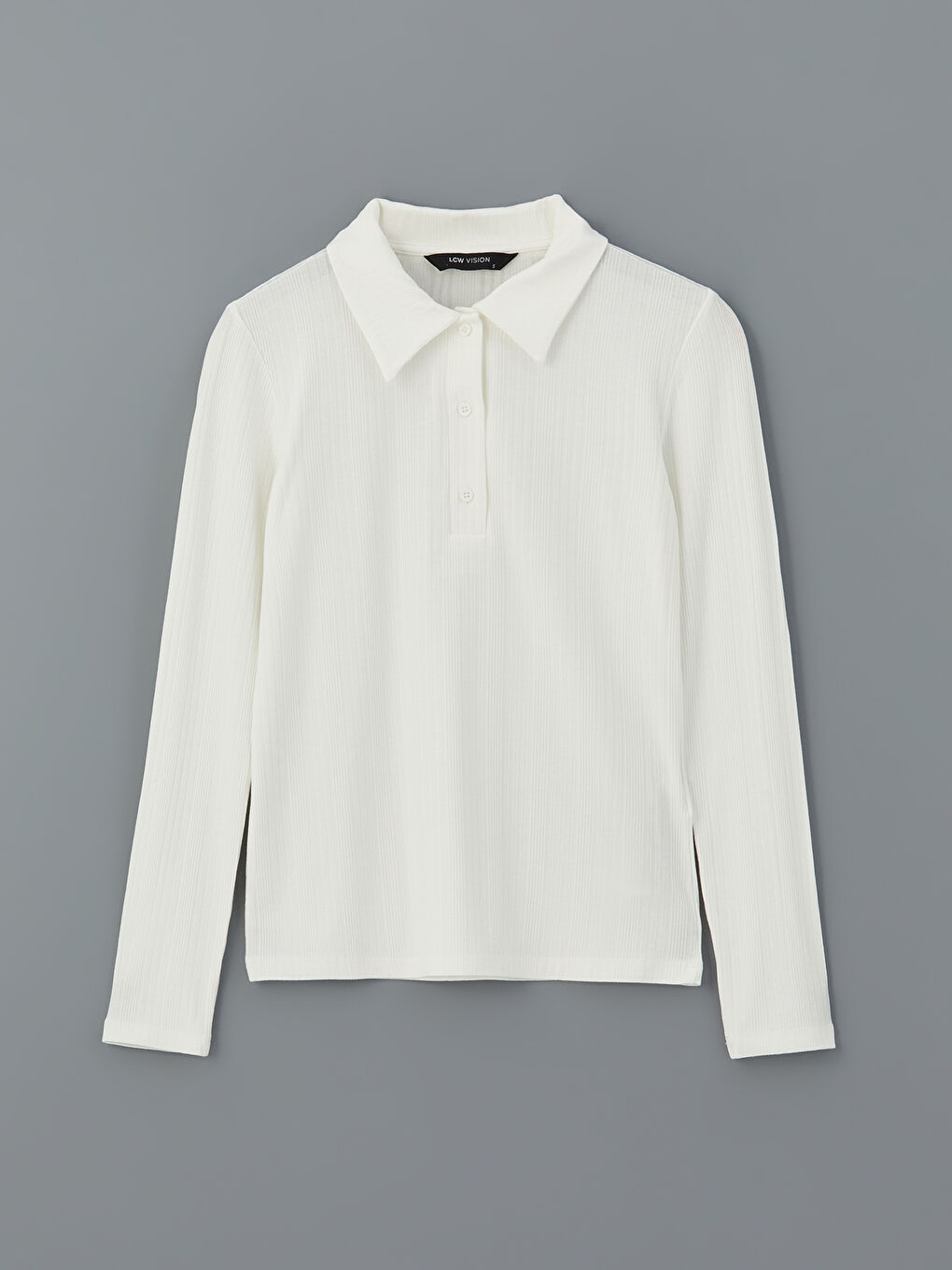 Ekru Polo Yaka Dokulu Kadın Tişört-10