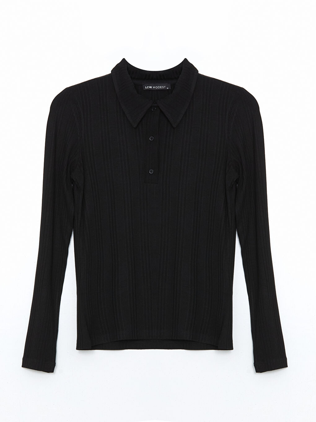 Siyah Polo Yaka Dokulu Kadın Tişört-8