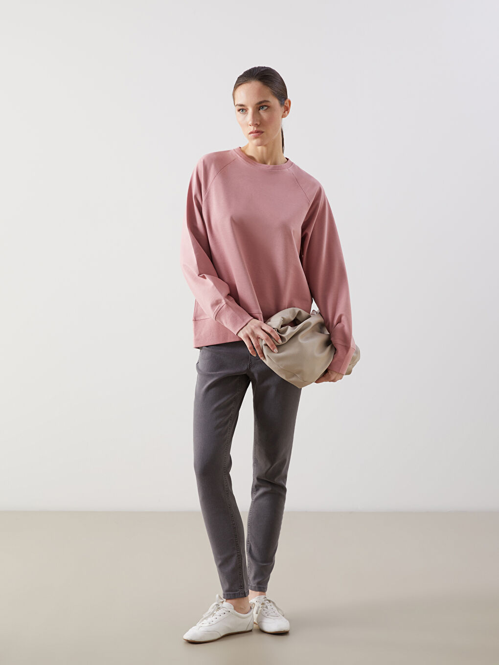 Pembe Bisiklet Yaka Oversize Kadın Sweatshirt-1