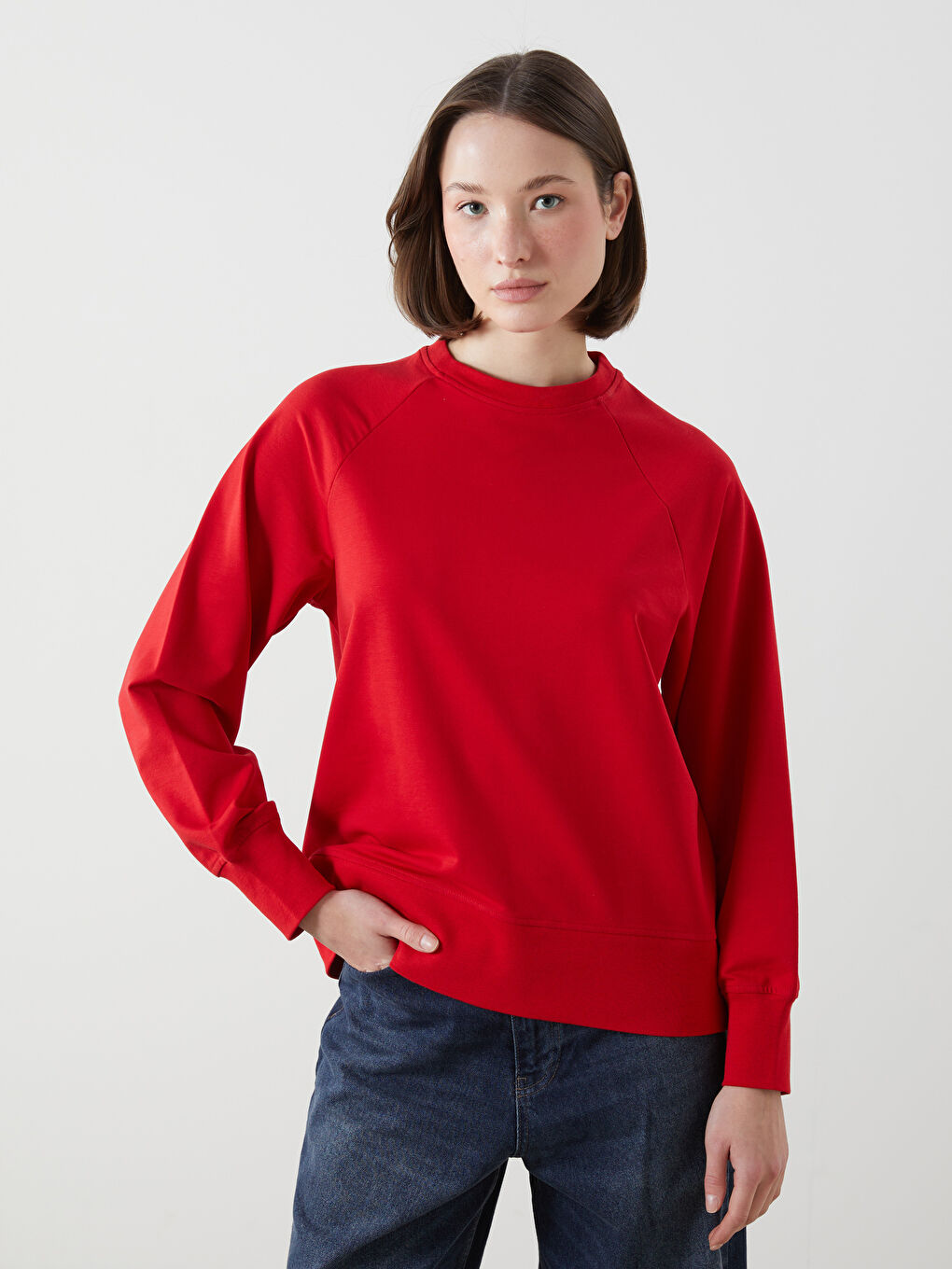Kırmızı Bisiklet Yaka Oversize Kadın Sweatshirt