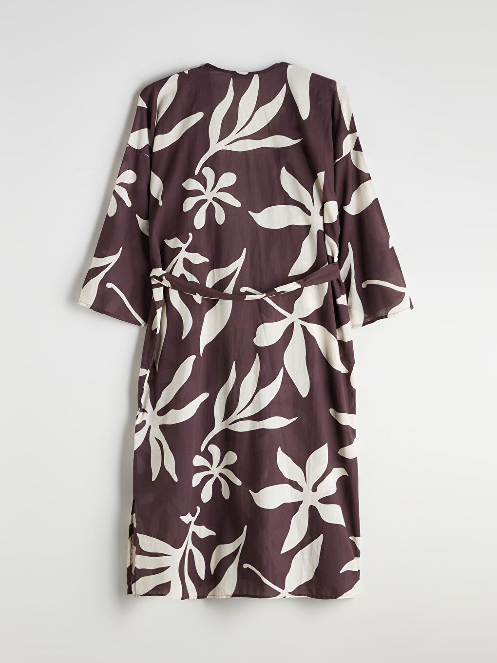 Kahverengi Şal Yaka Desenli Oversize Kadın Kimono-6