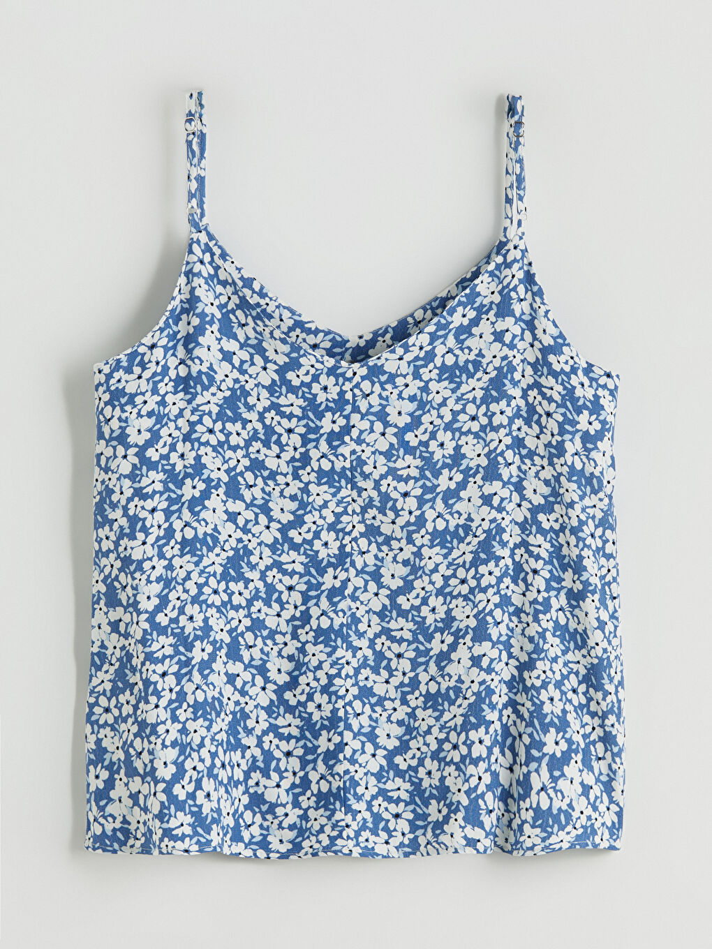 Mavi V Yaka Çiçekli Askılı Bluz-5