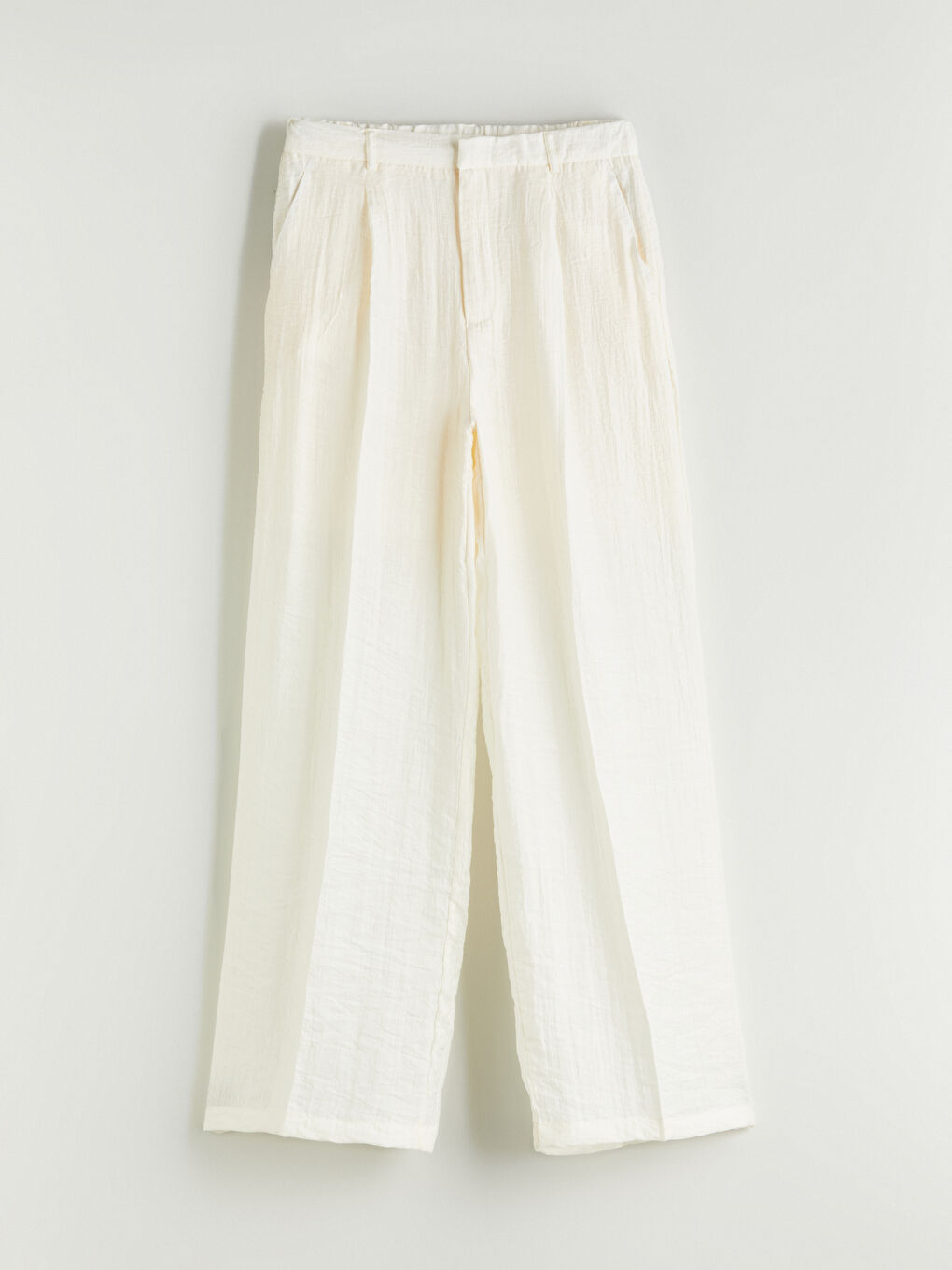 Ekru Beli Lastikli Keten Görünümlü Kadın Pantolon-4