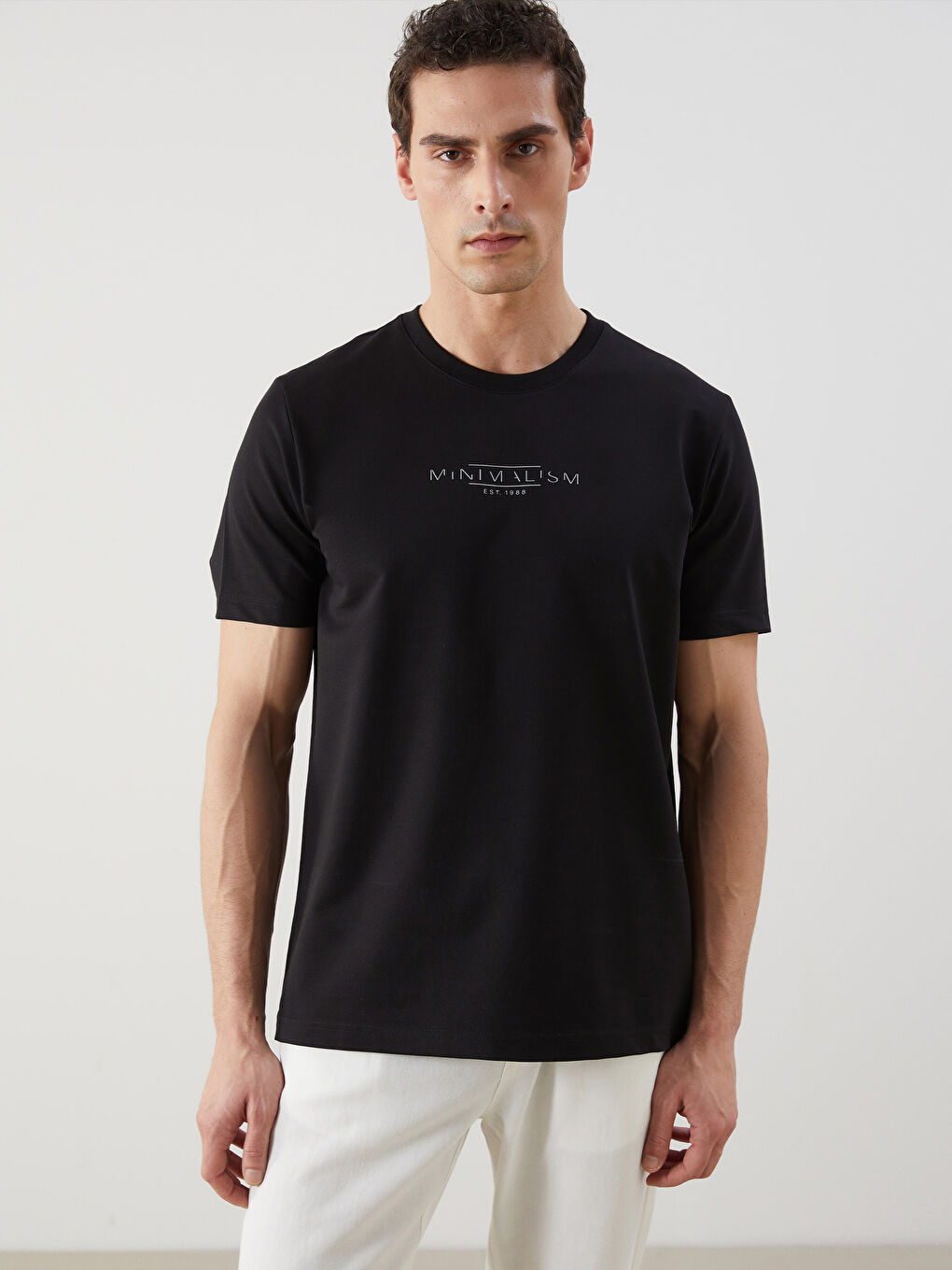 Siyah Bisiklet Yaka Baskılı Penye Erkek Tişört