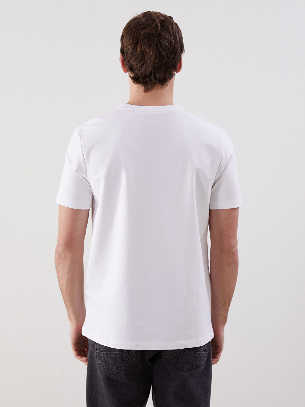 Beyaz Bisiklet Yaka Baskılı Penye Erkek Tişört-3