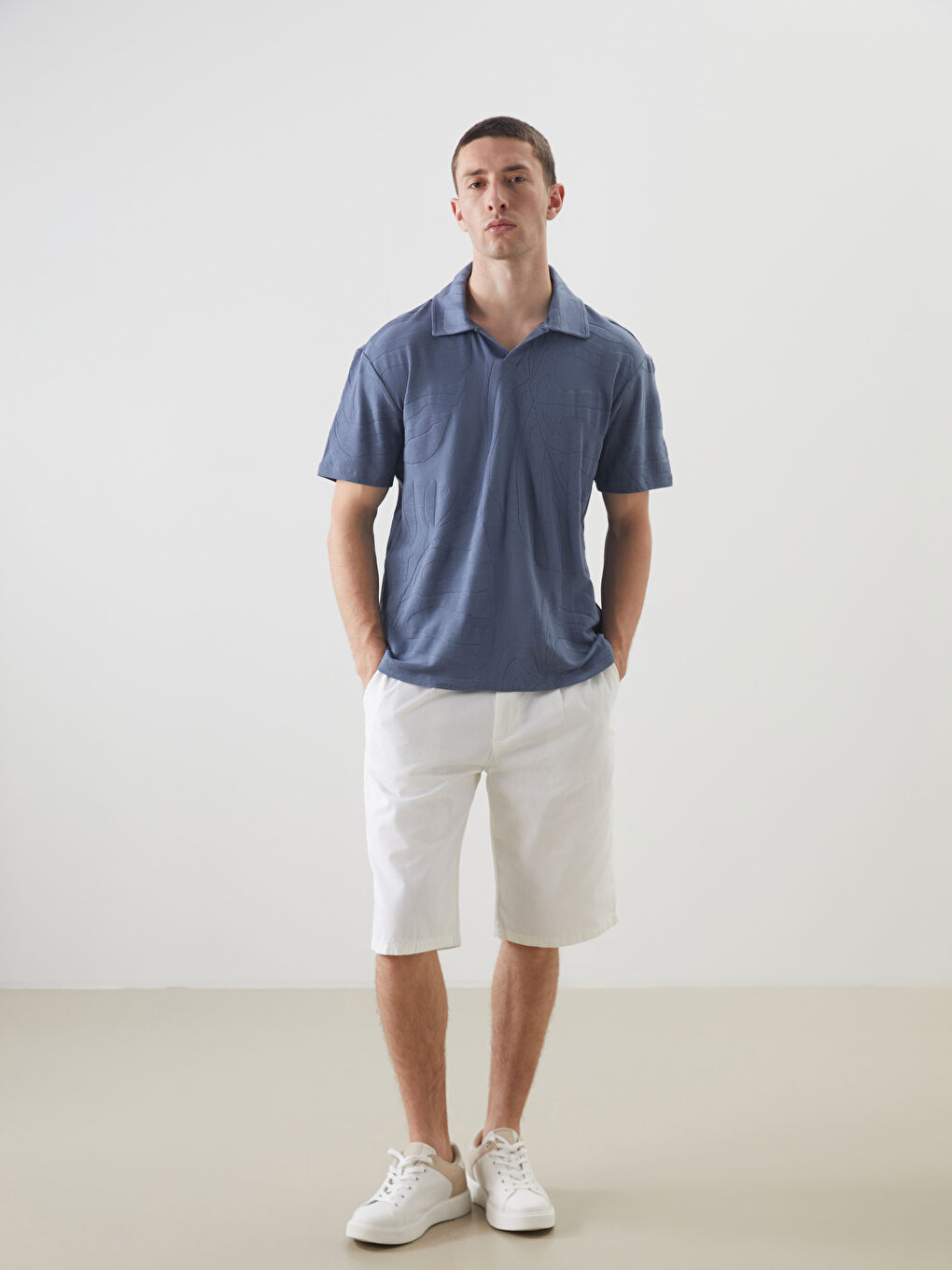 Mavi Polo Yaka Erkek Dokulu Tişört-1