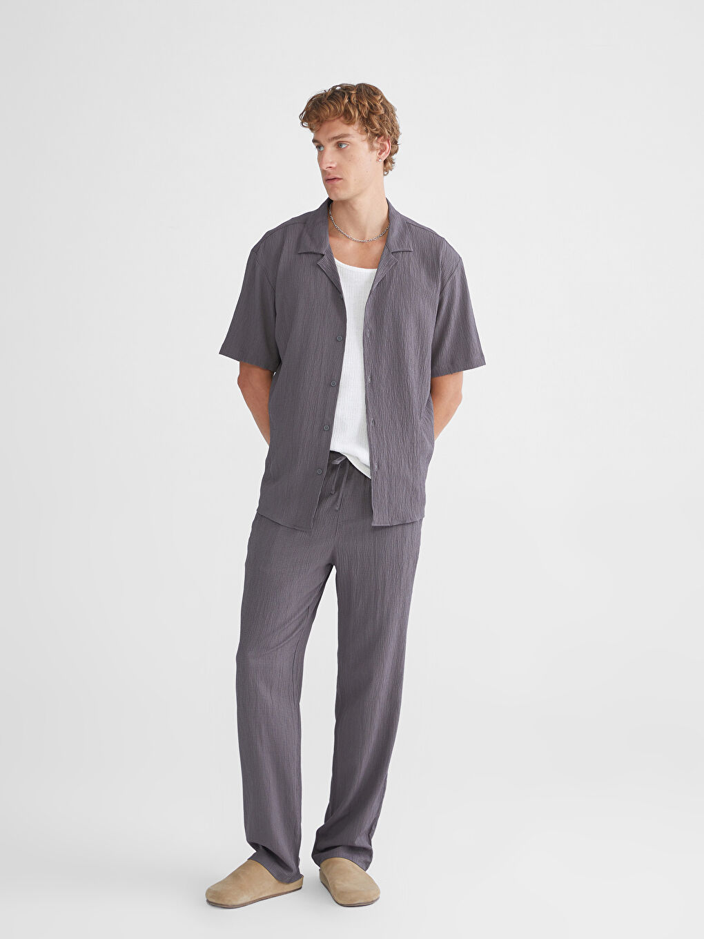 Gri Regular Fit Kısa Kollu Erkek Gömlek-2