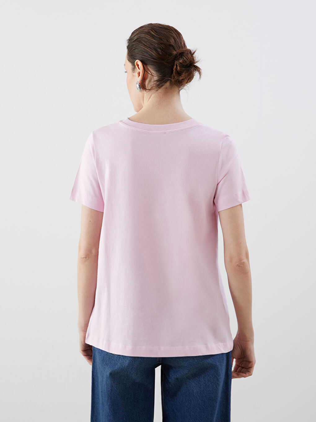 Pembe Bisiklet Yaka Kurdele Baskılı Kadın Tişört-3